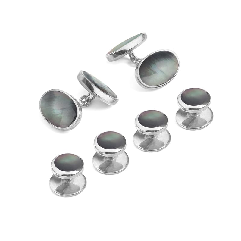 Sterling Silver & Black Mother of Pearl Oval Cufflinks & Dress Shirt Studs Set