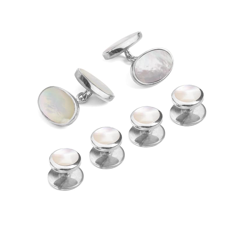 Sterling Silver & Mother of Pearl Oval Cufflinks & Dress Shirt Studs Set