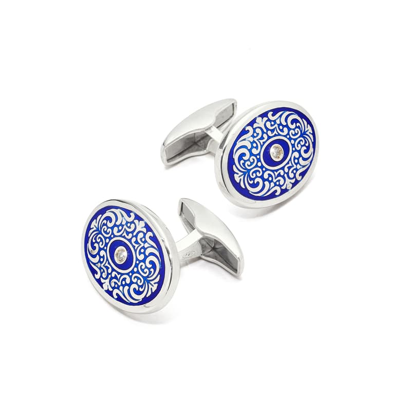 Sterling Silver Engraved Enamel & Diamond Cufflinks in Dark Blue