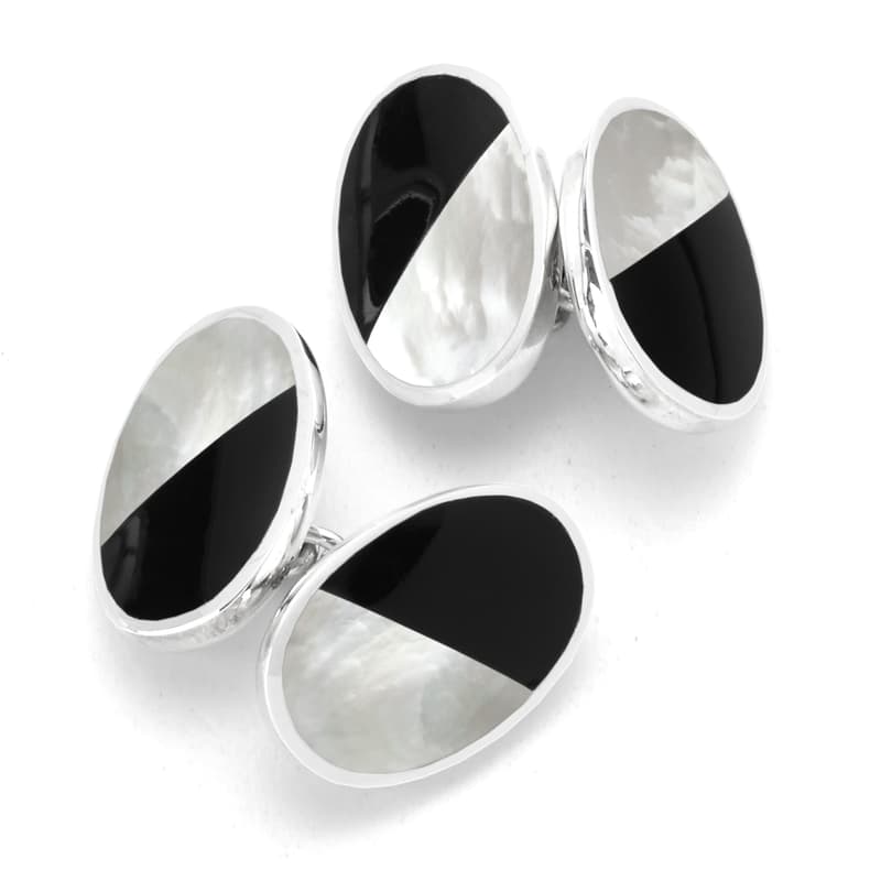 Sterling Silver Black Onyx & Mother of Pearl Oval Bicolour Cufflinks