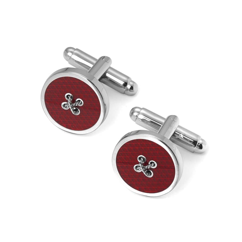 Sterling Silver Plated Button Cufflinks in Red Enamel