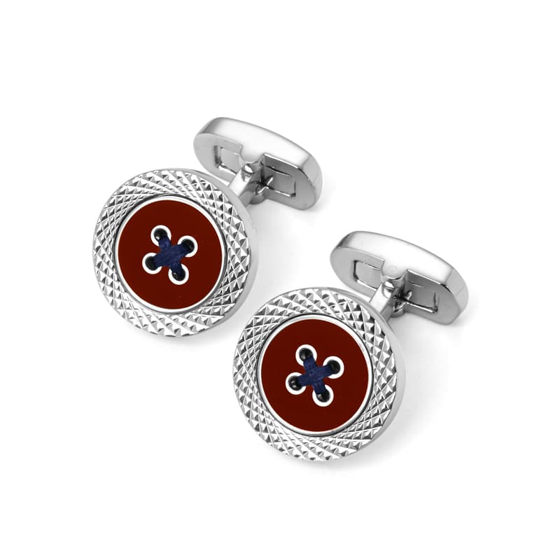 Sterling Silver Plated Engraved Edge Button Cufflinks in Red Enamel