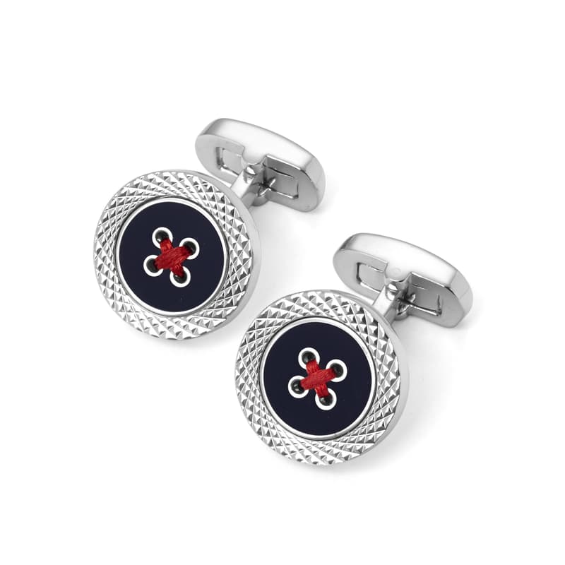 Sterling Silver Plated Engraved Edge Button Cufflinks in Navy Enamel