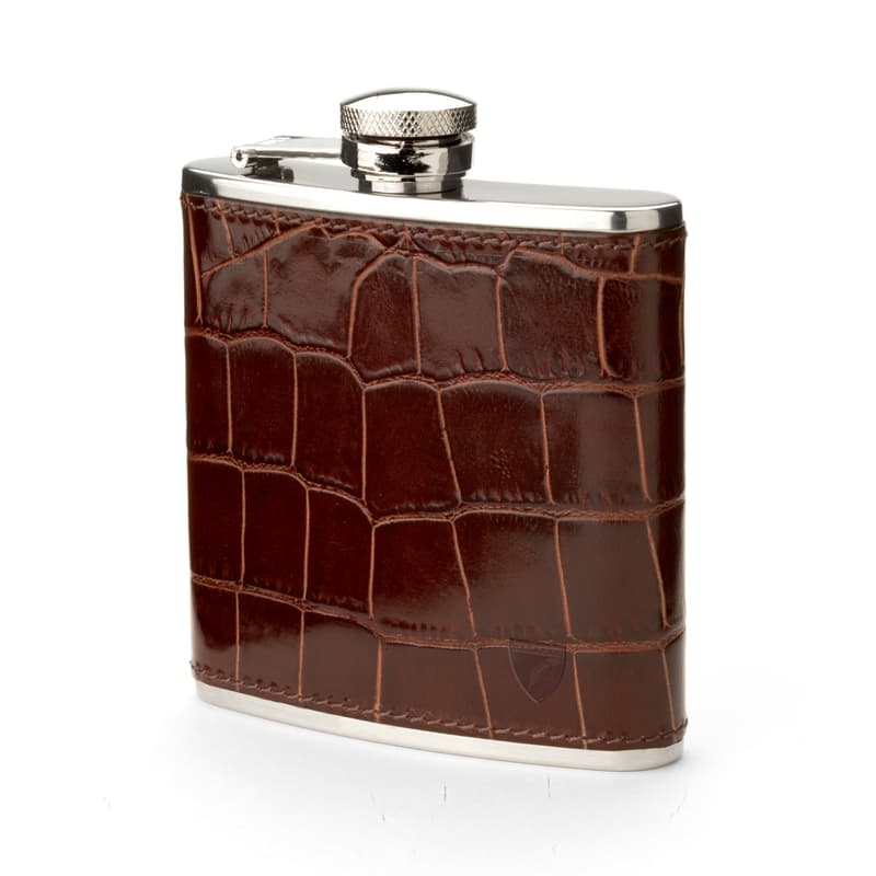 Classic 5oz Leather Hip Flask in Deep Shine Amazon Brown Croc