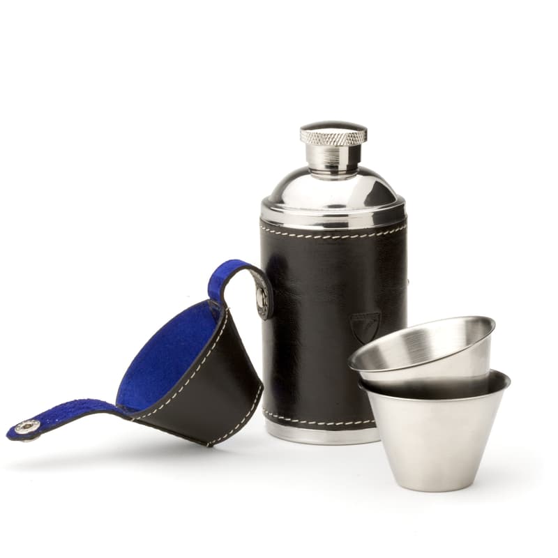 Hunter 6oz Leather Hip Flask in Smooth Black & Cobalt Suede