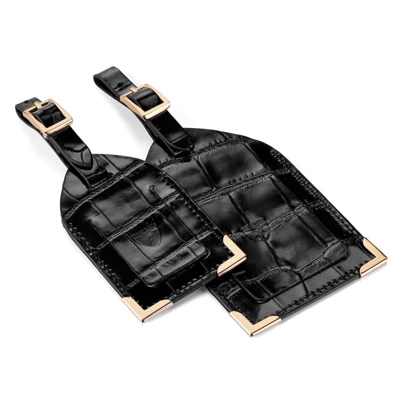 Set of 2 Luggage Tags in Deep Shine Black Croc