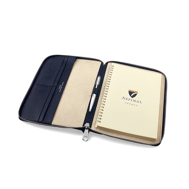 A5 Zipped Padfolio in Navy Saffiano & Cream Suede