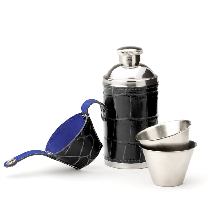 Hunter 6oz Leather Flask in Deep Shine Black Croc & Cobalt Blue Suede