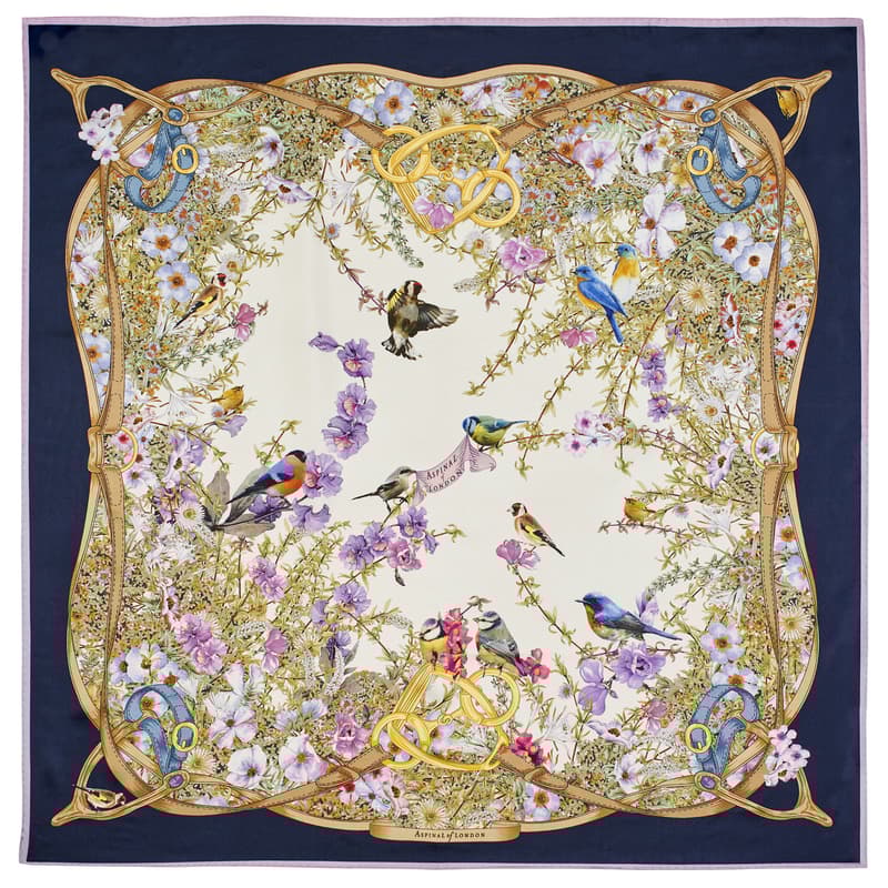 Edwardian Garden Silk Scarf in Navy Pure Silk Twill