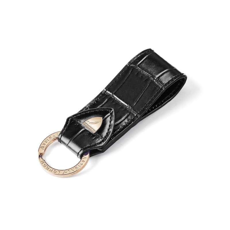 Small Leather Loop Keyring in Deep Shine Black Croc