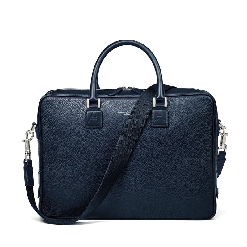 Mount Street Leather Laptop Briefcase Bag in Navy Pebble