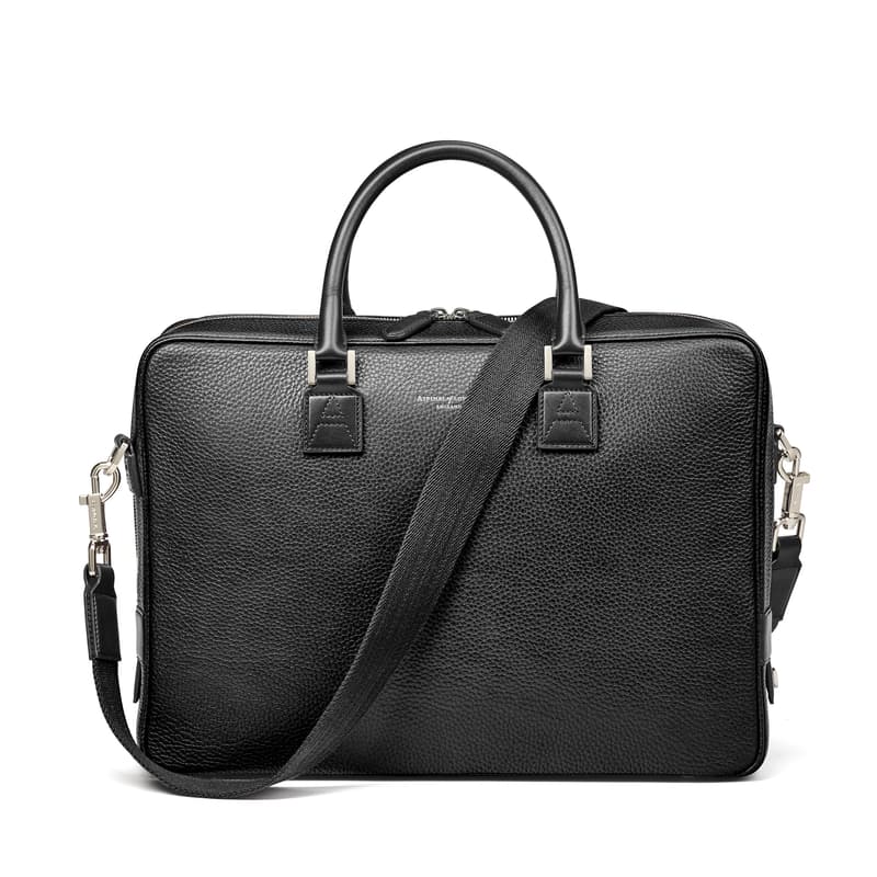 Mount Street Leather Laptop Briefcase Bag in Black Pebble