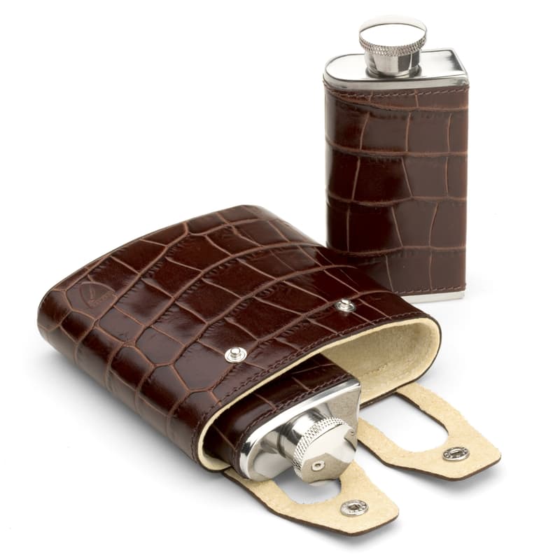 Double 6oz Leather Hip Flask in Deep Shine Amazon Brown Croc & Stone Suede