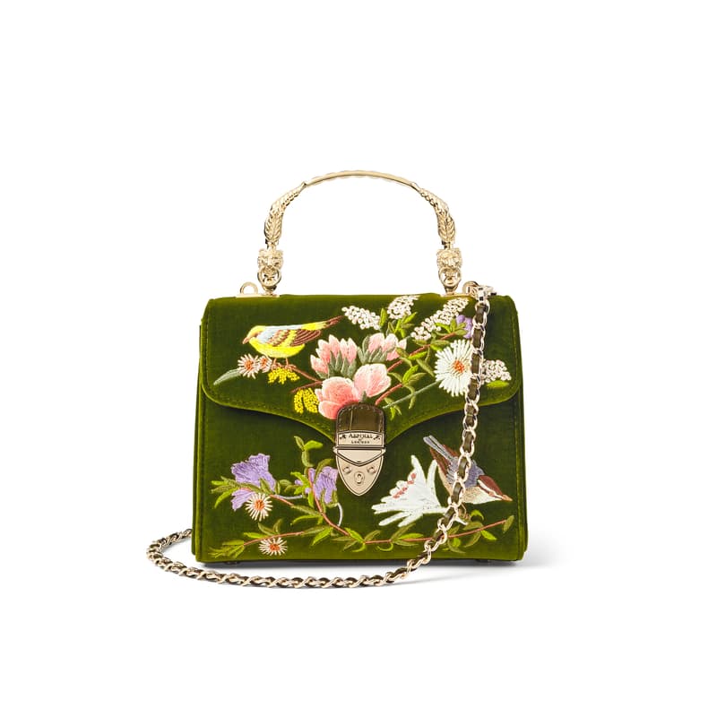Mayfair Midi Green Leather Velvet English Garden Birds Hand Embroidered Bag
