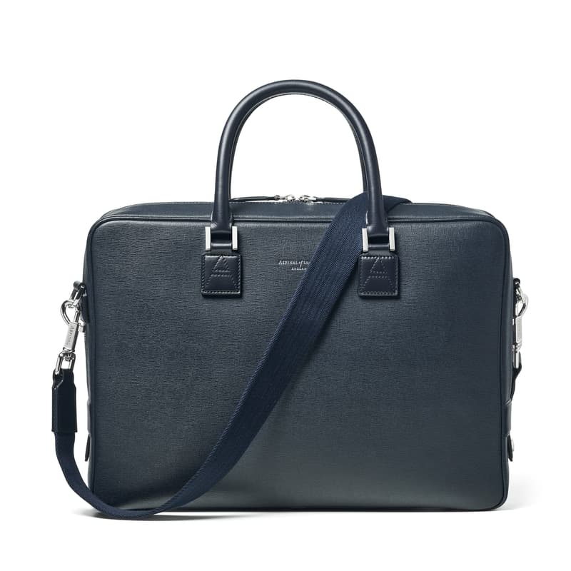 Mount Street Leather Laptop Briefcase Bag in Navy Saffiano