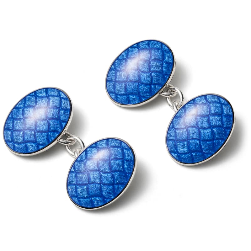 Sterling Silver Oval Cufflinks with Cobalt Blue Enamel Waves
