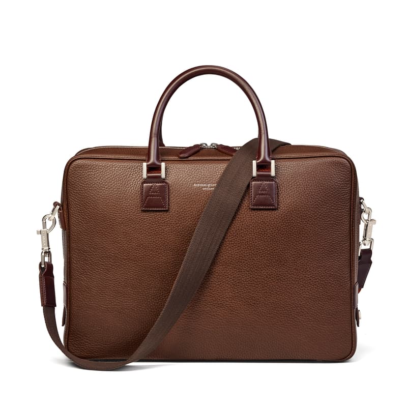 Mount Street Leather Laptop Briefcase Bag in Tobacco Pebble