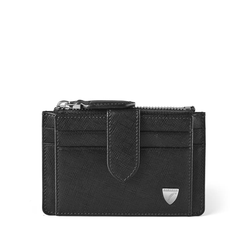 Zipped RFID Card Holder in Black Saffiano