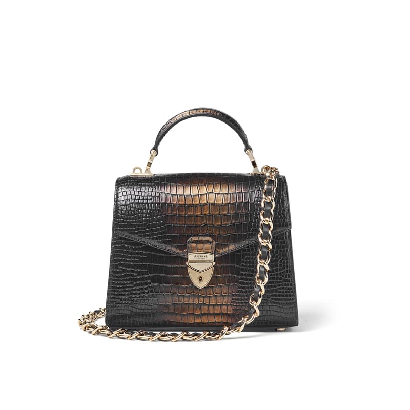 Mayfair 2 Midi Black and Gold Leather Crocodile Print Bag