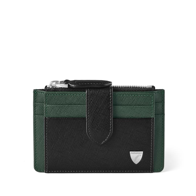 Zipped RFID Card Holder in Black & Green Saffiano