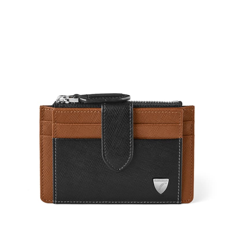 Zipped RFID Card Holder in Black & Tan Saffiano
