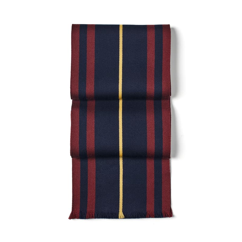 Men's Striped Merino Wool Scarf in Navy & Burgundy with Yellow Stripe