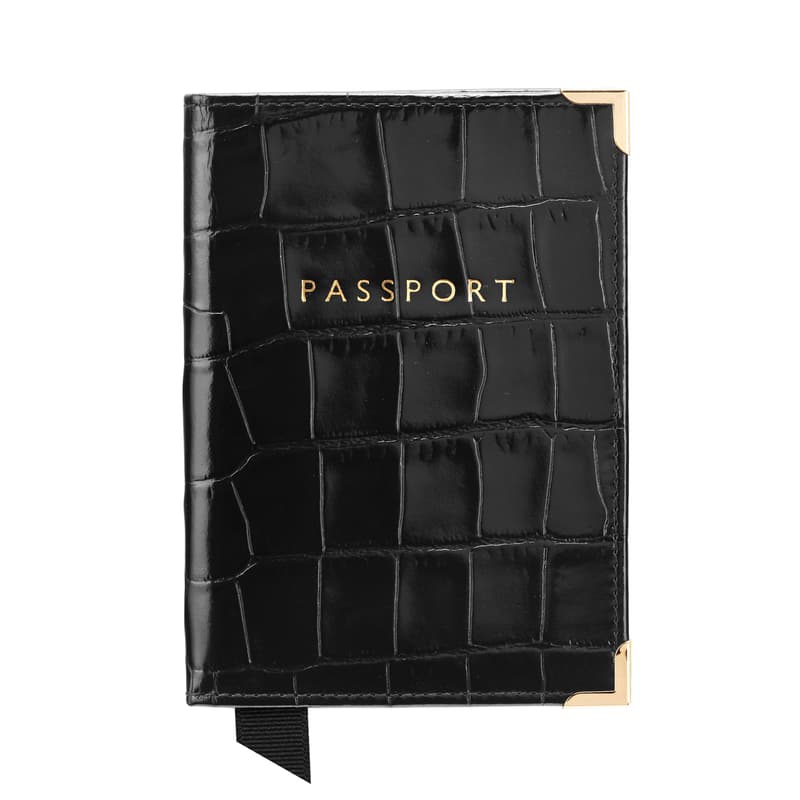 Passport Cover in Deep Shine Black Croc & Red Suede