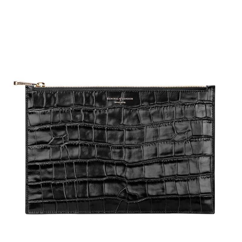 Large Essential Flat Pouch in Deep Shine Black Croc