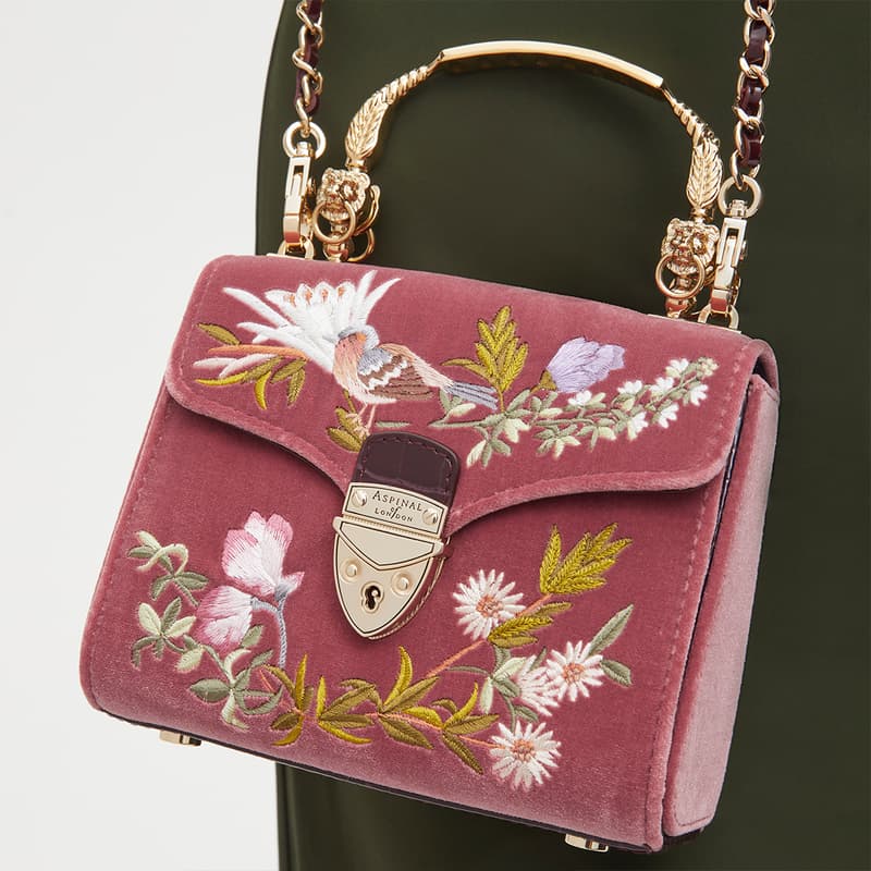 Mayfair Mini Pink, White and Gold Leather Velvet English Garden Bird Hand Embroidered Bag
