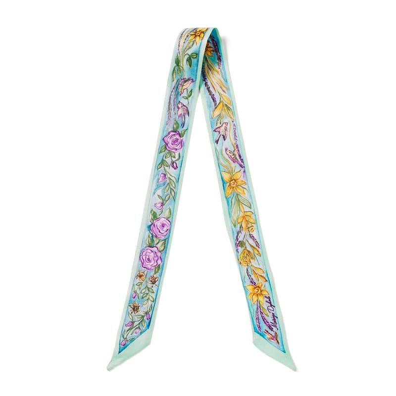 Green Rose Skinny Silk Scarf in Mint Floral Pure Silk