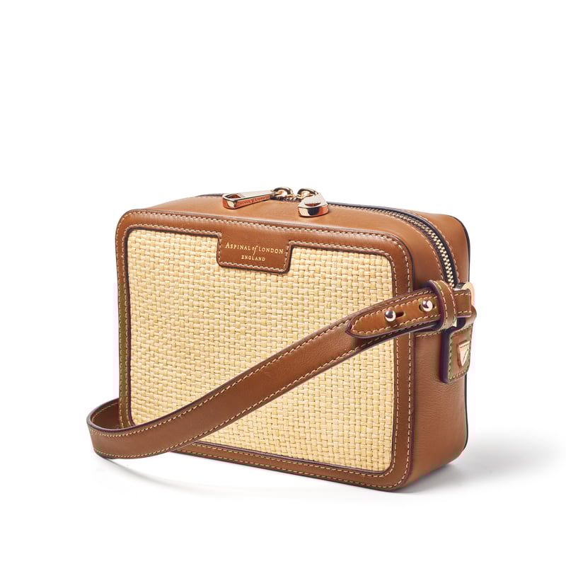 Camera Crossbody Bag in Natural Raffia & Smooth Tan