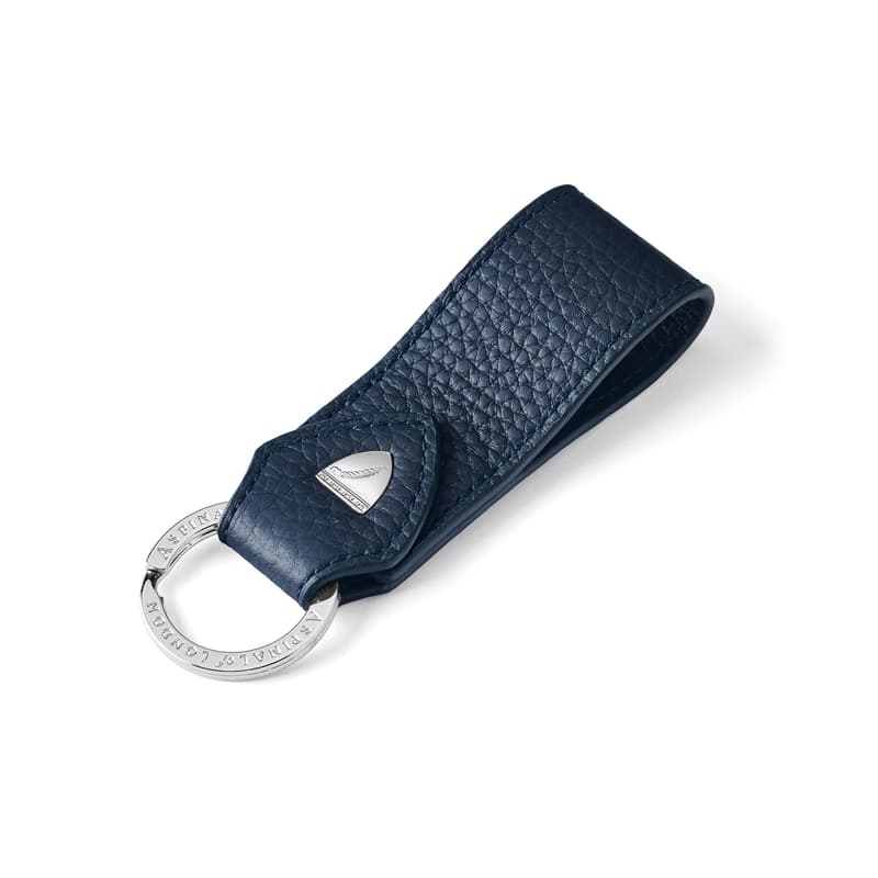 Small Leather Loop Keyring in Navy Pebble