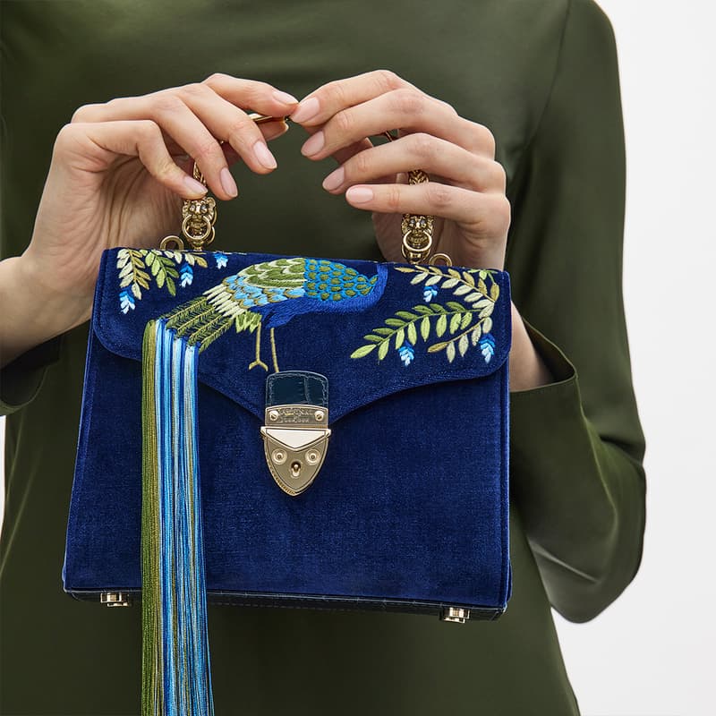 Mayfair Midi Navy Blue and Green Velvet Leather Peacock Hand Embroidery Bag