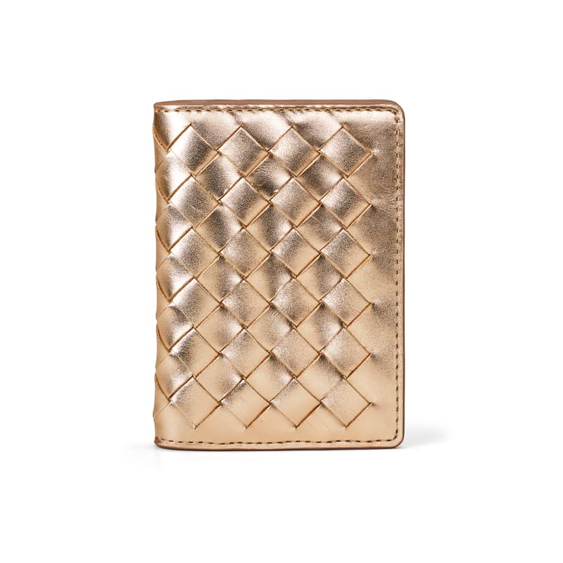 Double Fold Credit Card Holder in Champagne Metallic Woven Leather