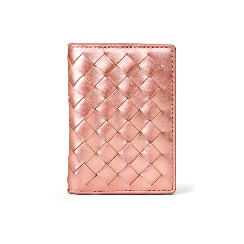 Double Fold Credit Card Holder in Blush Pink Metallic Woven Leather