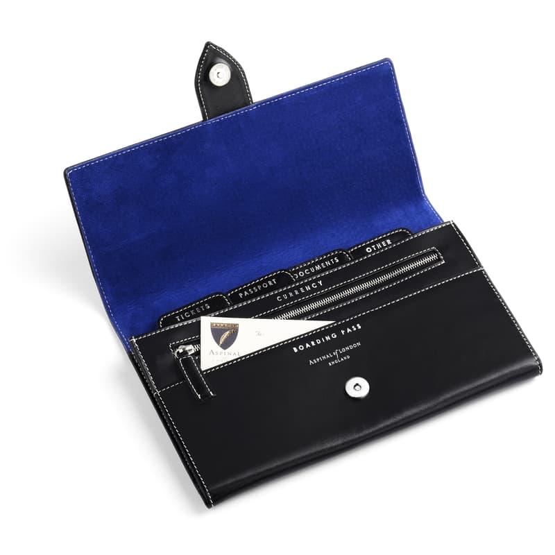 Deluxe Travel Wallet in Smooth Black & Cobalt Suede