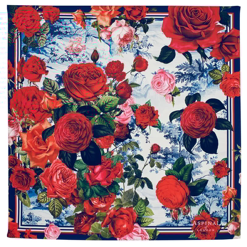 Roses of the Orient Silk Scarf in Red & Navy Pure Silk