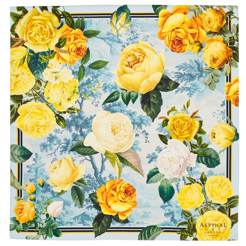 Roses of the Orient Silk Scarf in Yellow & Blue Pure Silk