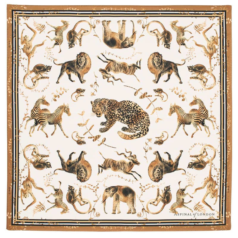 Animal Kingdom Silk Scarf in Ivory & Gold Pure Silk