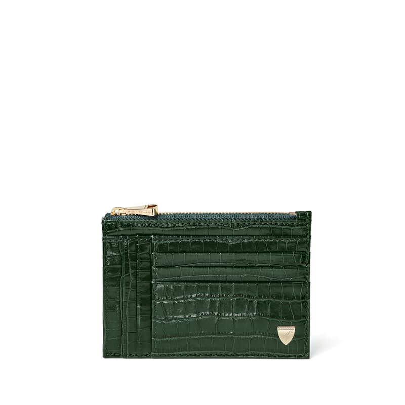 Double Sided Zipped Card & Coin Holder in Deep Shine Evergreen Small Croc