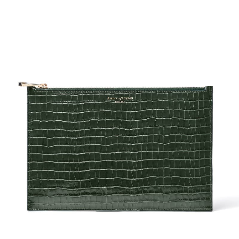 Large Essential Flat Pouch in Deep Shine Evergreen Small Croc