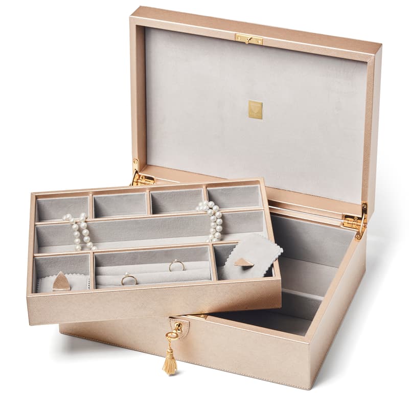 Grand Luxe Jewellery Case in Champagne Metallic Saffiano