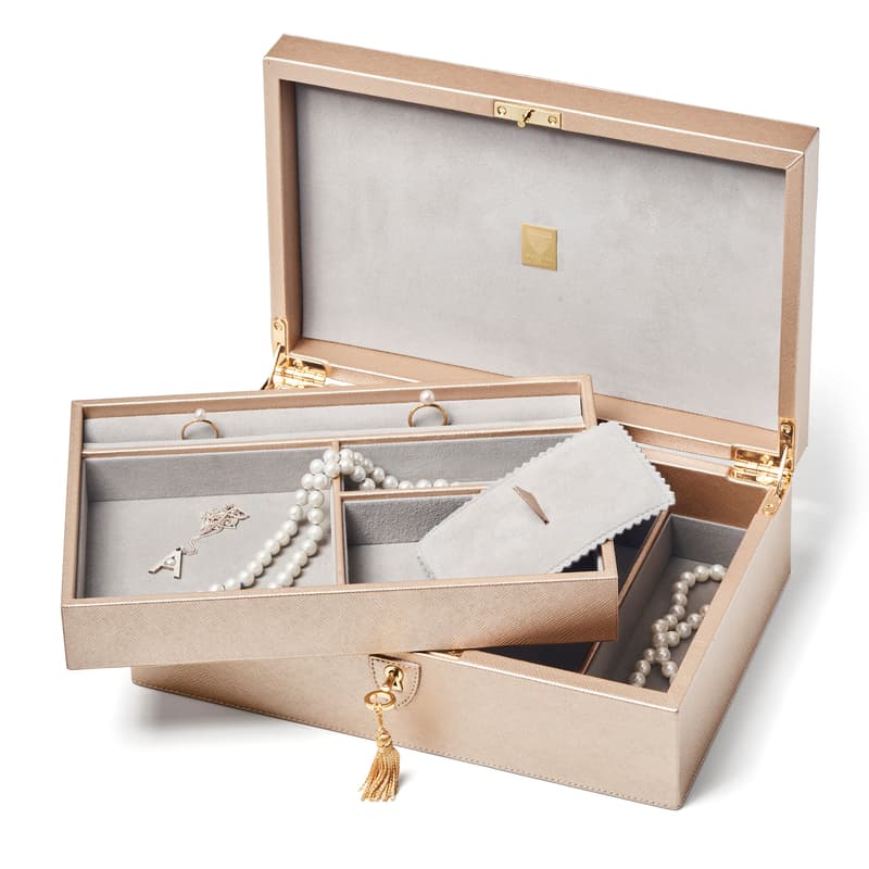 Savoy Jewellery Box in Champagne Metallic Saffiano