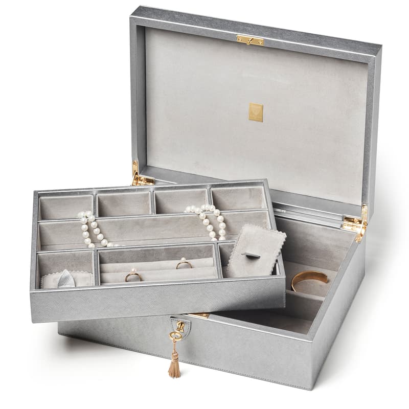 Grand Luxe Jewellery Case in Silver Metallic Saffiano