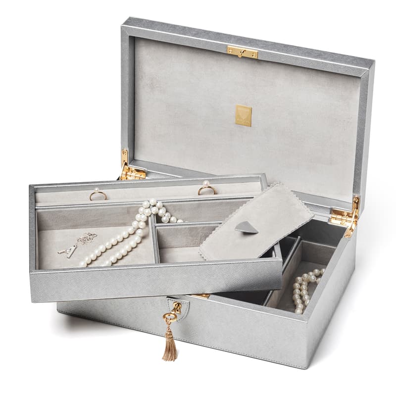 Savoy Jewellery Box in Silver Metallic Saffiano