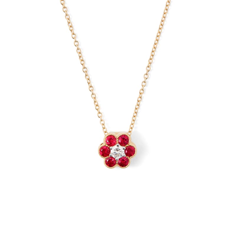 Athena 18ct Gold Ruby & Diamond Cluster Pendant Necklace