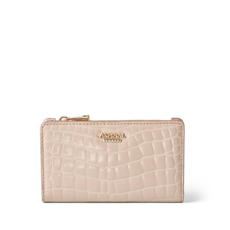 Mayfair Coin & Card Leather Wallet in Soft Taupe Patent Croc