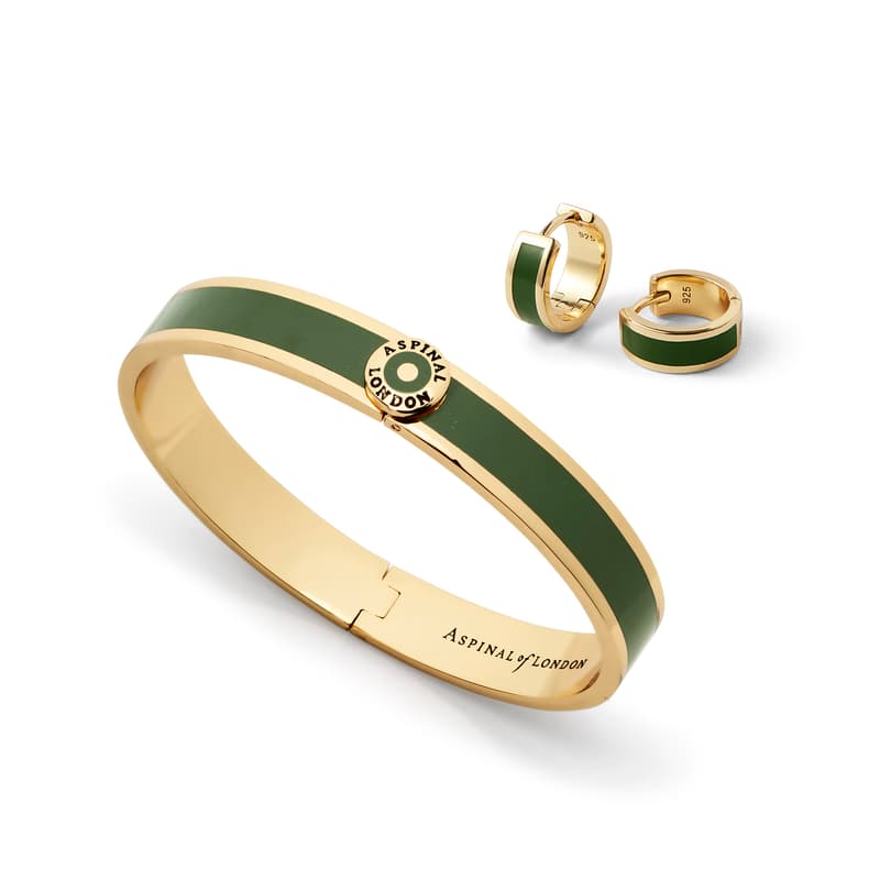 Enamel Huggie Earrings & Bangle Set in Racing Green Enamel & 18ct Gold Plated