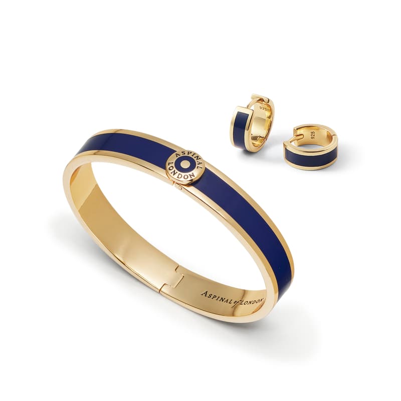 Enamel Huggie Earrings & Bangle Set in Navy Enamel & 18ct Gold Plated