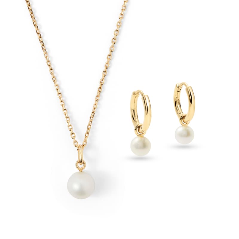 Pearl Pendant Necklace & Huggie Earrings Set in 18ct Gold Vermeil